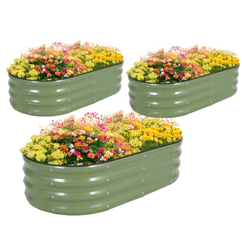 Zettfuly Galvanisiertes Hochbeet Kit - 120 x 60 x 30cm Outdoor Metall Pflanzkasten mit Sicherheitsrand und Handschuhe für Gemüse, Obst, Blumen, Kräuter (Oliver Grün, 3PCS)