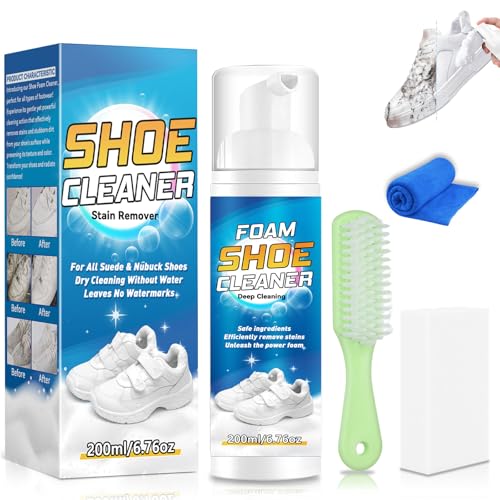 Wonshine Shoe Cleaner Foam 200ml, White Trainer Cleaner With Brush & Cloth, Deep Cleaning Formula and Shoe Cleaning Kit for Suede, Leather, Knit, Boots, Canvas, PU (xzpmqjj-w01)