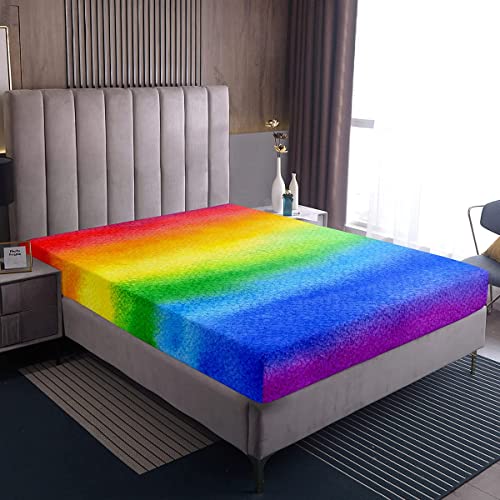 Regenbogen-bedrucktes Bettlaken-Set, abstraktes Aquarell-Spannbetttuch, pastellfarbiges Bettwäsche-Set für Kinder, Teenager, luxuriöse Raumdekoration, 1 Kopfkissenbezug), Doppelbett-Größe - Image 4