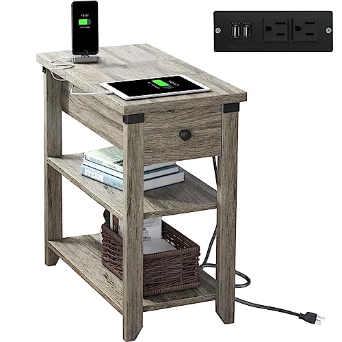 Narrow End Table With Charging Station, Small Side Table With Flip Top And 2 Storage Shelves, Narrow Side End Tables With Usb Ports And Outlets For Small Spaces, Living Room, Bedroom, Rustic Grey #TOP25