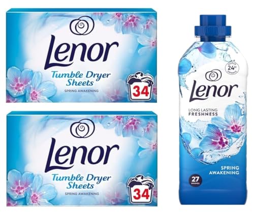 LENOR Fabric Conditioner 891 ml + 2×34 Tumble Dryer Sheets | Spring Awakening Fabric Softener, Fresh Cotton Freshness & Static Reduction | Long-Lasting Revitalizing Scent for All Washable Fabrics