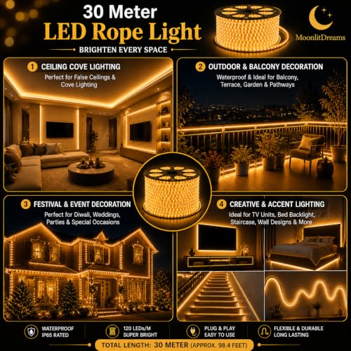 Image of MoonlitDreams LED Strip Light, 30 Meter 5730 SMD Warm White Decorative Light for Home, Ceiling, Bedroom & Festival Decoration