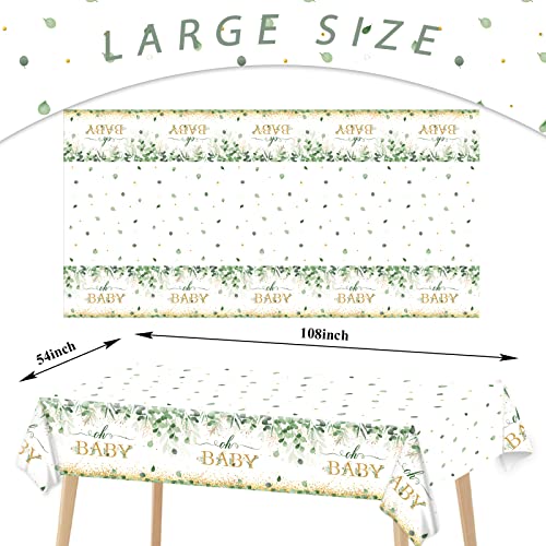 Image of 3 Pieces Sage Greenery Oh Baby Tablecloths for Baby Shower Party Decorations Plastic Disposable Gold Foil Eucalyptus Leaf Table Covers for Rectangle Tables Sage Boho Woodland Neutral Party Supplies