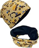 HECKBO Kinder Beanie Wintermütze & Schal Set - Baufahrzeuge - 2-6 Jahren - 95% Baumwolle mit Vlies Fleece Mütze - Herbst Frühling Winter - weiches & pflegeleichtes Stretch-Material Jungen Mädchen