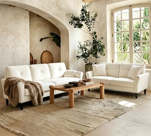 Kidirect Sofa Set for Living Room, Comfy Velvet 2 Piece Couch Sets for Living Room, Tool-Free Setup 3 Seat Couch and Loveseat Sets, Modern Sofa and Loveseat Set, Sturdy Love Seat Couches, White Couch