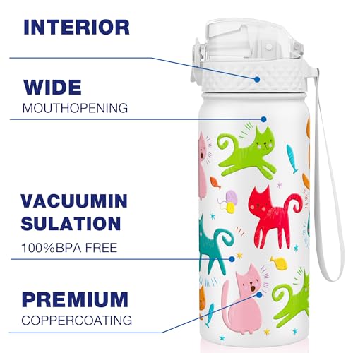 GOPPUS 550ml/18oz Kids Insulated Water Bottle with Straw Cute Double Wall Stainless Steel Child's Small Flask Vacuum Insulated Steel Metal Leak Proof Drink Flask Boys Toddler Girls Flask BPA-Free - Image 4