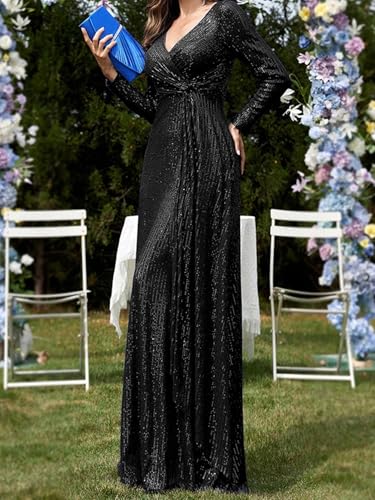 meilun Long Sleeve Sequin Dress for Women Formal Gowns Sparkly V Neck Maxi Dress3