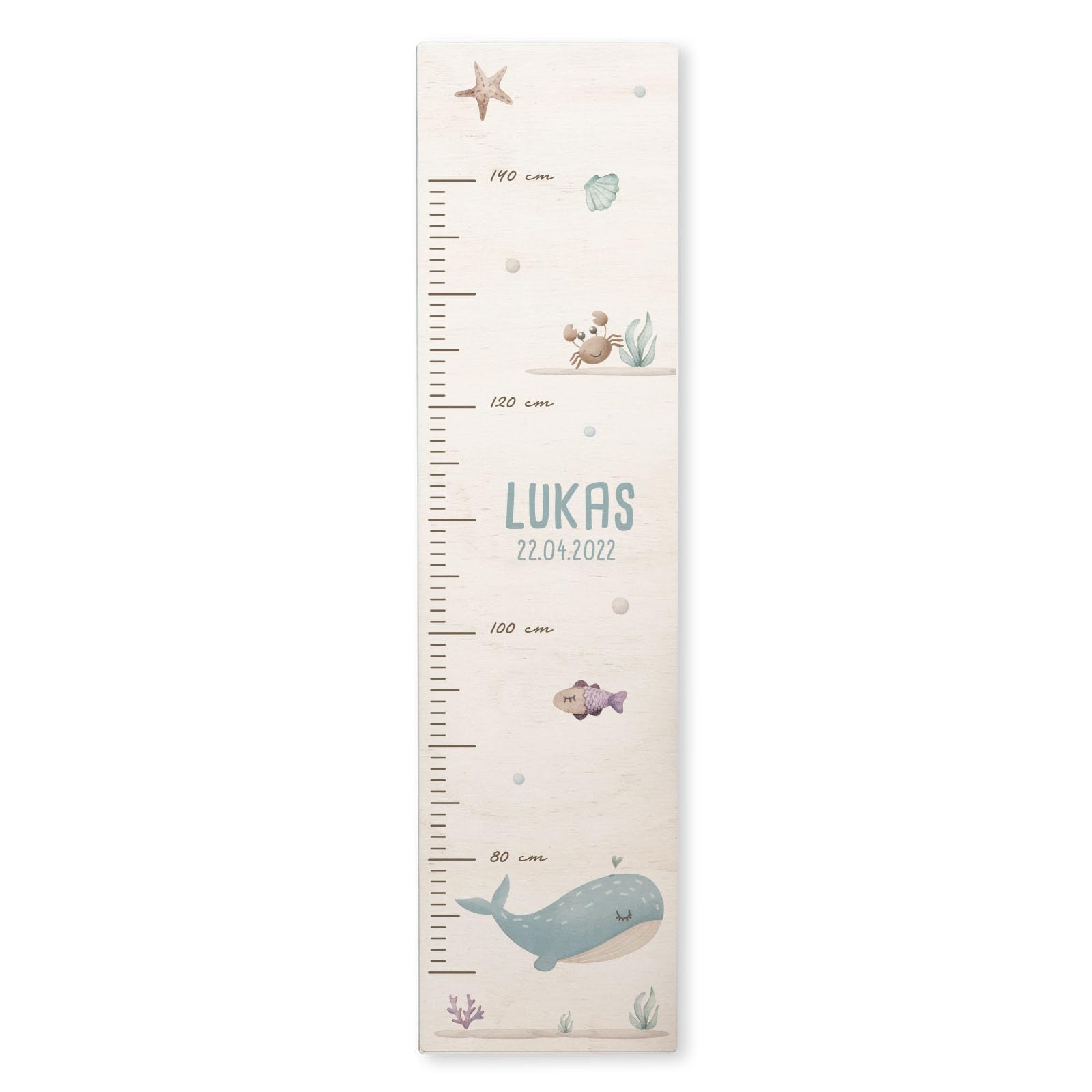 Personalisierte Messlatte für Kinder mit buntem Wunschdruck - 70-140 cm - Größenmesser Kinderzimmer aus Holz - Wand Dekoration Messleiste Kind - Personalisiertes Geschenk Baby (Wal)