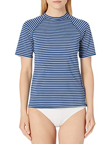 Amazon Essentials Women's Short Sleeve Rash Guard, Navy Stripe, X-Small
