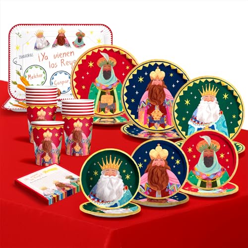 OH YEAH - Kit 12 Personas Reyes Magos Desechable - 70 piezas - Decoración Temática Navideña de la Noche de Reyes Magos - Diseño Festivo Navideño - Celebración Noche de Reyes