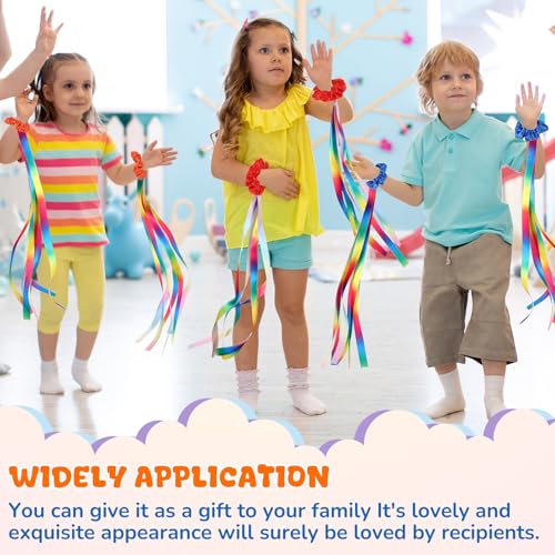 Image of VioraWhite 12 Pcs Rainbow Dance Ribbons for Kids Rainbow Rhythm Ribbons Elastic Wrist Streamers Hand Held Rhythm Streamers Gymnastics Dance Party Props for Adult Decor (0.8 x 19.7 Inch,Gradient)
