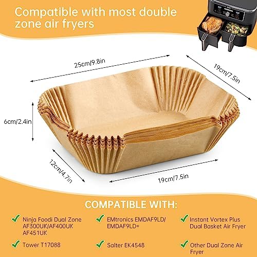 120PCS Air Fryer Liners for Ninja Dual, HAUSPROFI Air Fryer AF300UK AF400UK Accessories, Compatible with Ninja, Salter, Tower and Other Dual Zone Air Fryer, 7.3in Rectangle