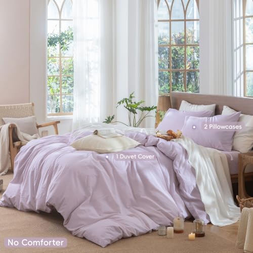 Image of MooMee Striped Duvet Cover Set 100% Washed Cotton Linen Like King | Relaxed Linen-like Texture. Soft, Breathable & Long-lasting Comfort. Lightweight. Hidden Zipper with 8 Interior Corner Ties