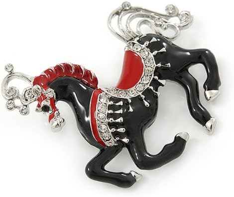 Black/Red Enamel, Crystal Horse Brooch In Silver Tone - 48mm Across, black, silver, red - Image 3