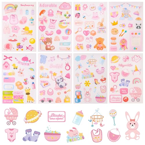 Image of 8 Sheets Baby Girl Scrapbook Stickers, Adorable Newborn Toddler Stickers Pregnancy Planner Decors Baby Shower Decal for Scrapbooking Planning Babies Book Paper Supplies