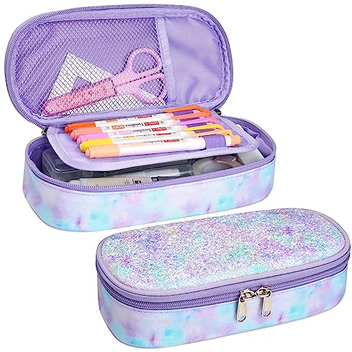 Image of Cambond Pencil Case for Girls - School Pencil Pouch Kids, Glitter Purple | Cute Pencil Case for Kids With Name Card and Slot, Girls Aesthetic Shool Supplies for Staionary, Water-Resistent Pen Bag