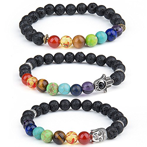 Diealles Pulsera de Piedra de Lava, Brazaletes Elásticos Budistas Chakra Reiki Pulsera para Hombres - 3PCS