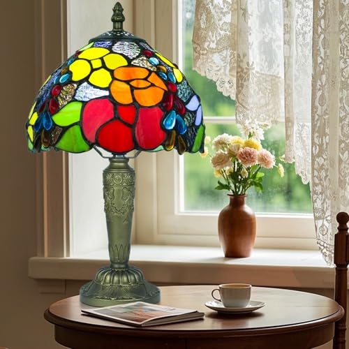 Ppbmocw Small Tiffany Style Lamp,Stained Glass Table Lamp for Living Room,Bedside,Reading,8 inch Vintage Mini Desk Light Included 3 Color Temperatures E27 Bulb (Rose No. 2)