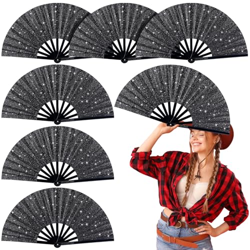 Thyle Large Glitter Fan Rave Fans Bulk Vintage Retro Chinese Kung Fu Folding Fan Handheld Summer Fan for Women Men Edm Club Party Performance Decoration(6 Pcs)