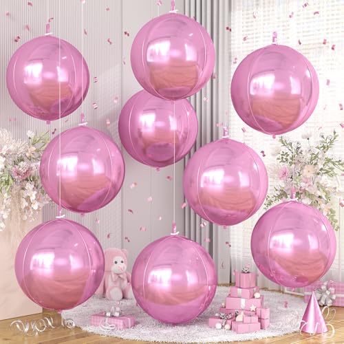 Image of 9 Pcs Pink Round Foil Balloons,22 Inch Metallic Pink Round Balloons | Pink Giant 4D Round Ball Balloons For Valentine's Birthday Wedding Anniversary Bridal Shower Party Decorations