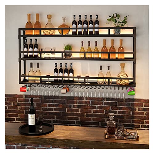 Moderno estante de vino LED montado en la pared con diseño industrial de metal rústico soporte para botellas y estante de vidrio de 3 niveles para decoración del hogar o comedor (negro, 150 x 25 x 90