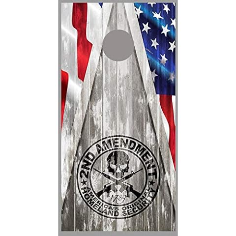 Lets Print Big American Flag 2nd Amendment Gray Wood Design Cornhole Board Decal Wraps Cover
