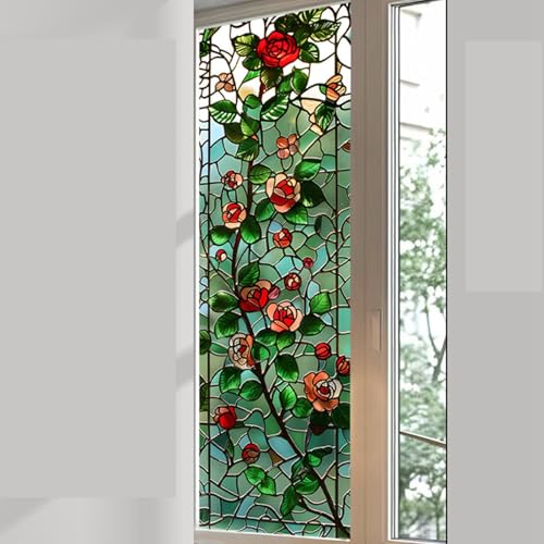 窓ガラスフィルム ステンドグラス 薔薇柄 3D立体感 窓用 フィルム 自粘型 裏面粘着 ガラス断熱シート UVカット 外から見えない 玄関 食器棚 台所 新生活 窓目隠し インテリアアンティーク FY014 50x200cm