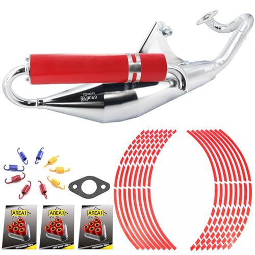 Area1 Set d'échappement sport Tecnigas Q-Tre silencieux rouge compatible avec moteurs 50 cm³ 2 temps Peugeot allongés, par exemple Elystar, Django, Kisbee, Ludix, Streetzone + accessoires de tuning