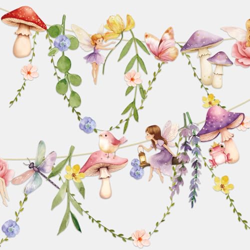 Image of Fairy Party Banner, Fairy First Birthday Party Decorations, Mushroom Flower Banner for Baby Shower Garden First Fairies Tale Theme Girls Birthday Wedding Decor