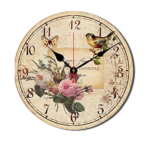 12 Inch Wood Wall Clock Silent Non-Ticking Wall Clocks for Office,Bathroom,Living Room,Dining Room,Kitchen Decoration, Flowers/Birds Style Round Hanging Clock