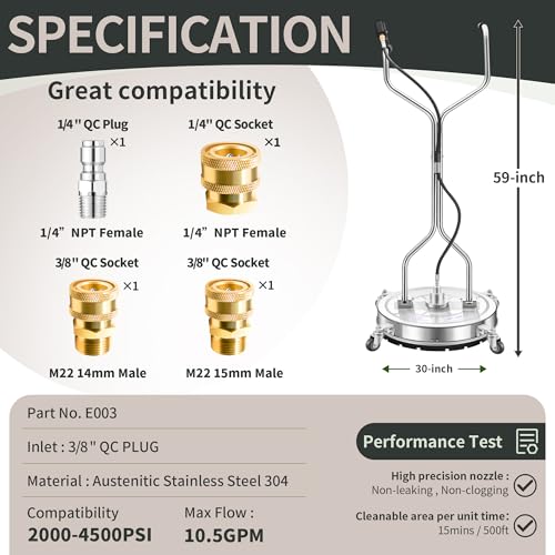 Image of LidoDola 30'' Pressure Washer Surface Cleaner with 4 Wheels - Stainless Steel Surface Cleaner for Pressure Washer Attachment for Concrete, Driveway, Patio, Sidewalk, Deck and Driveways