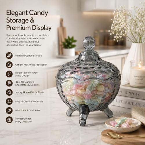 Image of bellemax Smoky Grey Glass Candy Jar with Lid | Decorative Glass Candy Storage Container | Cookie, Chocolate, Dry Fruit & Snack Jar | Kitchen Counter, Dining Table & Home Decor | Pack of 1