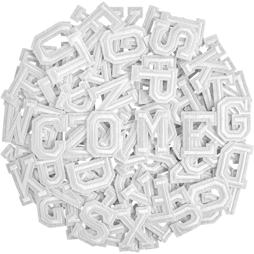 104pcs White Iron on Letters Patches Embroidery Fabric Letters Applique Patch for Clothing Jackets Jeans Hats Backpacks Socks
