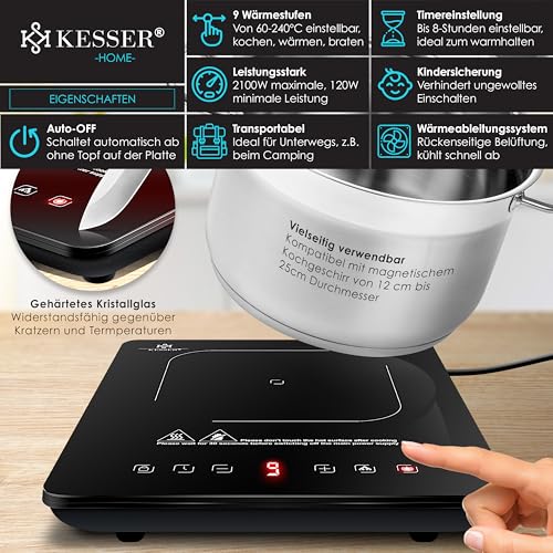 KESSER® Induktionskochplatte Induktionskochfeld 1 Platte 2100W Tragbares 28cm Kochplatte + 3x...
