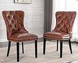 CIMOTA PU Leather Dining Chairs Set of 2, Upholstered Modern Tufted Dining Room Chairs Nailhead Trim Armless Side Chair with Solid Wood for Kitchen/Dining Room/Bedroom (Brown)