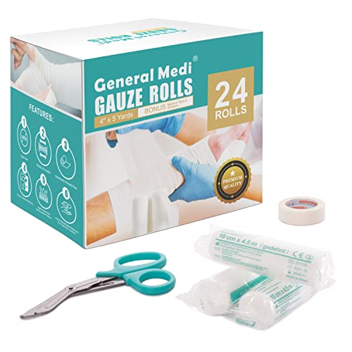 General Medi Conforming Bandage, 4” x 5 Yards Stretched, 24-Pack Gauze Bandage Rolls with Bonus Tape + Scissors, First Aid Supplies, Non-Sterile