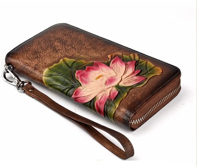 Minimalist Wallet Leather Women's Wallet Fashion Natural Lotus Pattern Purse Clutch Ladies Long Large Capacity Bifold Coin Pocket Card Holder2