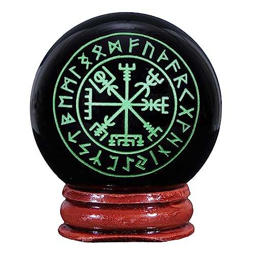 Rockcloud Healing Crystal Green Runes Black Obsidian Stone Sphere Meditation Ball with Wooden Base for Home Decoration