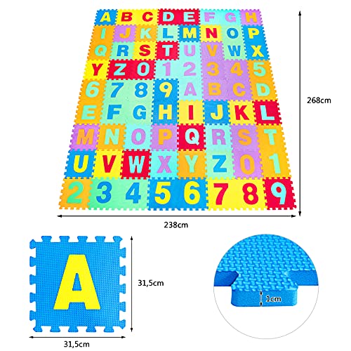 COSTWAY Kindervloeren puzzelmat speelmat (72-delige set), baby schuim speelmat met afneembare alfabet en cijfers, in elkaar grijpende EVA speelkleed vloertegels voor peuters en kleuters, 31,5 x 31,5 cm - Afbeelding 5