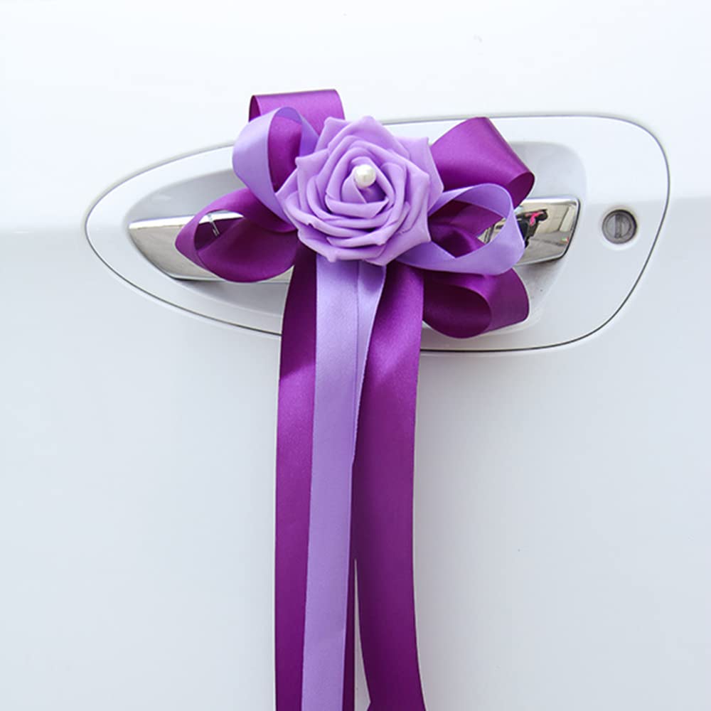 6 lazos para coche, decoración de boda, decoración de coche de boda, decoración de coche, flor artificial, espejo retrovisor, decoración para novia, boda, coche, boda, 17 x 36 cm, color morado oscuro