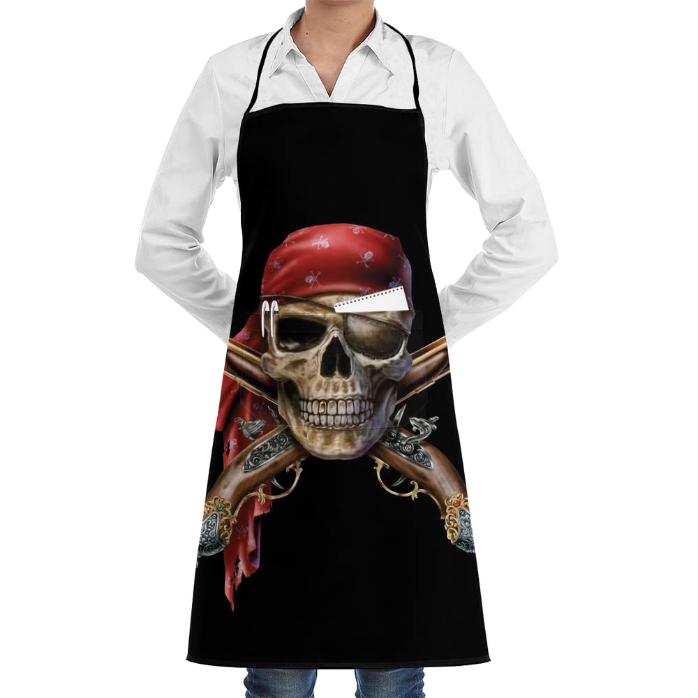 Pirate Captain Skull Muskets Skulls with Scarf Chef Apron with Pockets Grill Aprons for Women Men Kitchen Cooking Baking BBQ