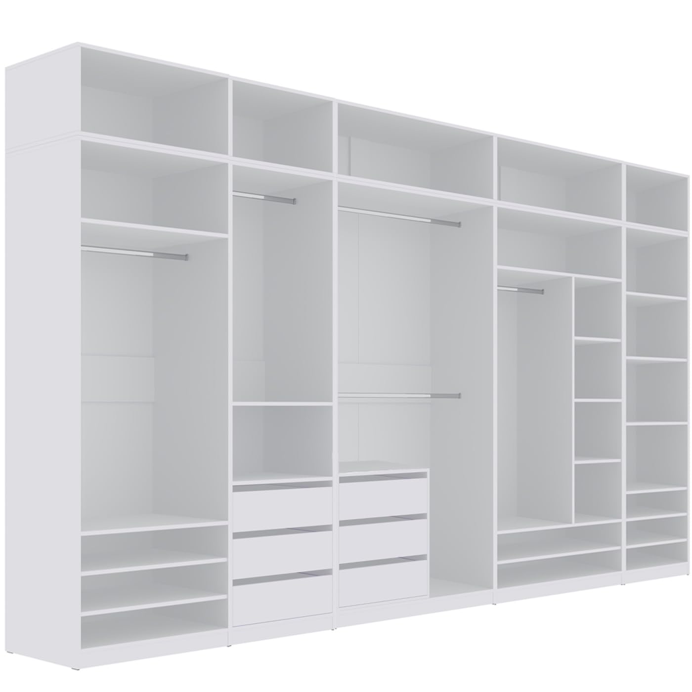 Garderoben-Set TRES R/NB begehbarer offener Kleiderschrank mit 5 Kleiderstangen 6 Schubladen, 380x246x51cm, Weiß
