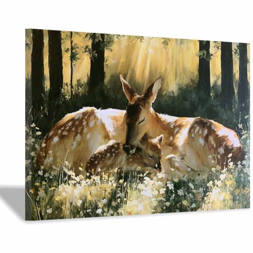 Peinture sur toile d'animaux 40x60cm encadrée : tableau huile faon maman cerf multicolore