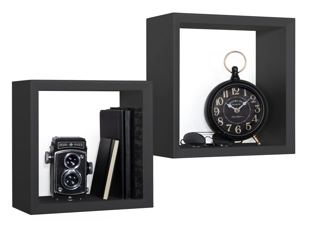MODULARREDO | GINEVRA Set di 2 Mensole da Muro, Cubi Arredo, Mensole Cubo, Cubi da Parete, Cubi Portaoggetti, 35x35 p15.5 cm, e 30x30 p15.5 cm Nero - Made in Italy