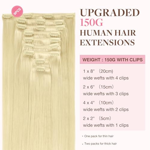 Image of GOO GOO Clip in Hair Extensions Real Human Hair, Remy Human Hair Extensions Clip ins for Women, Natural Human Hair, 22inch 150g 9Pcs, 613R Bleach Blonde