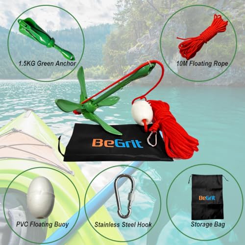 BeGrit Kayak Anchor 3.3 lb Small Boat Anchor Kit Green Folding Grapnel Anchor Carbon Steel for Canoe Jet Ski SUP anchor with 32.8 ft ø 6 mm Anchor Line Carrying Bag - Image 3
