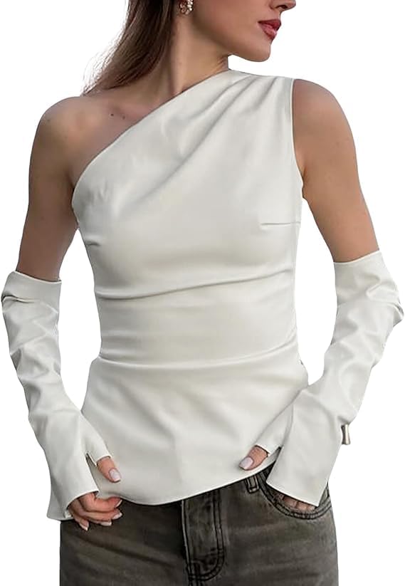 BAIMORE Women's Street Solid Mock Neck Sleeveless PU Leather Pleated Slim Fit Tank Top