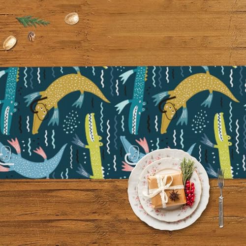 Chemin de table de Noël avec pompon 35x152 cm crocodile océan