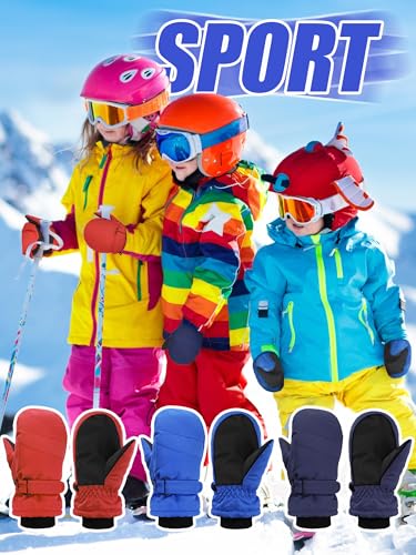 Image of Newcotte 6 Pairs Winter Ski Mittens Kids Waterproof Warm Snow Gloves for Boys Girls Cold Weather Outdoor Activities