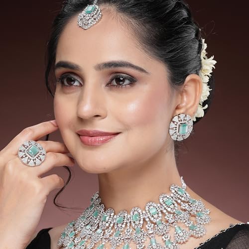 Image of ZENEME Rhodium-Plated American Diamond Studded Tasselled Necklace With Earrings Ring & MaangTikka Jewellery Set For Girls and Women